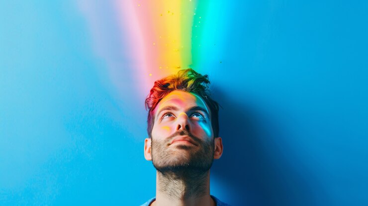 Foto grátis retrato de pessoa com cores do arco-íris simbolizando pensamentos do cérebro adhd