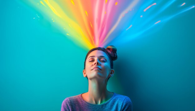Retrato de pessoa com cores do arco-íris simbolizando pensamentos do cérebro ADHD