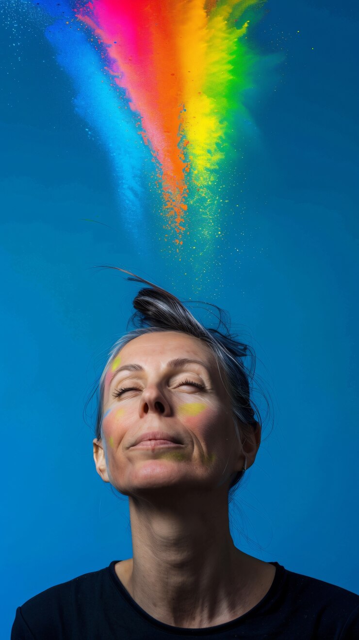 Foto grátis retrato de pessoa com cores do arco-íris simbolizando pensamentos do cérebro adhd