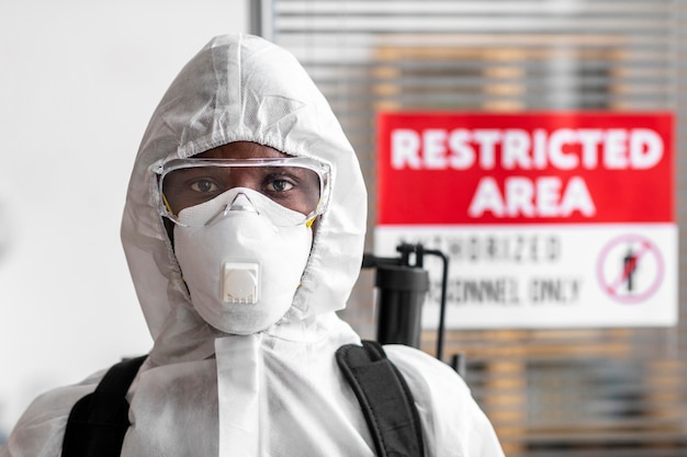 Retrato de pessoa em equipamento de proteção