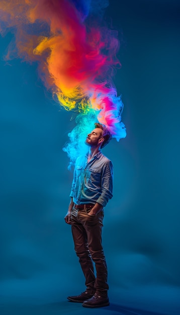 Retrato de pessoas com arco-íris colorido de seus pensamentos e cérebro em fundo azul