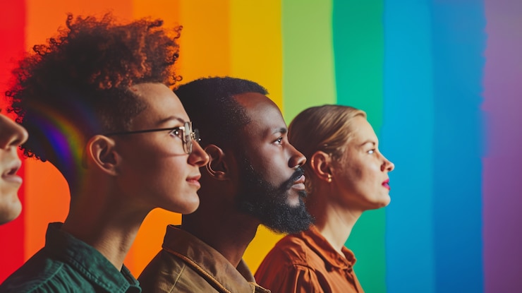 Foto grátis retrato de pessoas com arco-íris colorido de seus pensamentos e cérebro em fundo azul