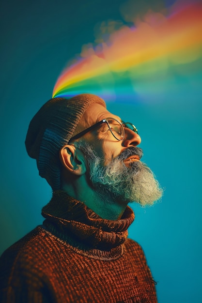 Retrato de pessoas com arco-íris colorido de seus pensamentos e cérebro em fundo azul