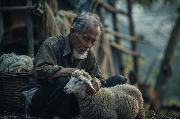 Foto grátis retrato de pessoas encarregadas de uma fazenda de ovelhas