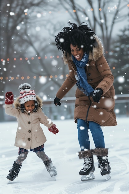 Foto grátis retrato de pessoas patinando no gelo ao ar livre durante o inverno