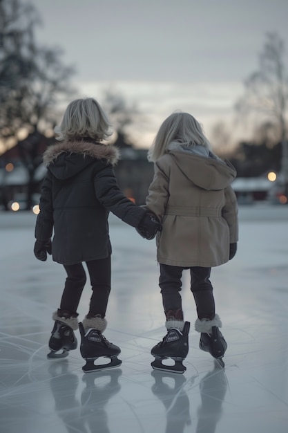 Foto grátis retrato de pessoas patinando no gelo ao ar livre durante o inverno