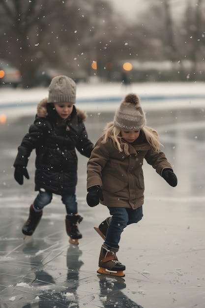 Retrato de pessoas patinando no gelo ao ar livre durante o inverno