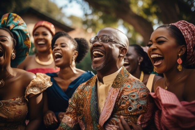 Retrato de pessoas sorridentes em um casamento africano