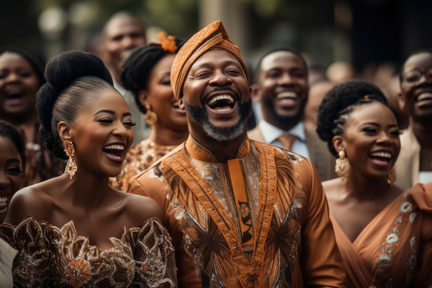 Retrato de pessoas sorridentes em um casamento africano