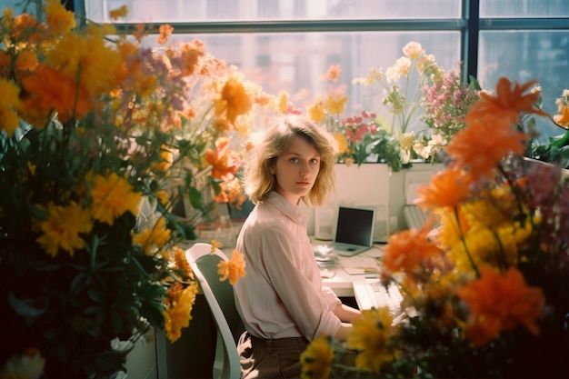 Foto grátis retrato de primavera de mulher com flores em flor