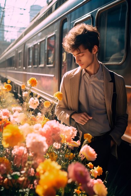 Retrato de primavera de um homem com flores em flor