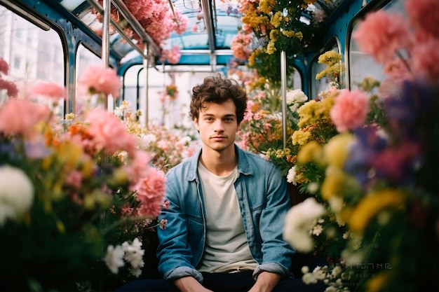 Foto grátis retrato de primavera de um homem com flores em flor