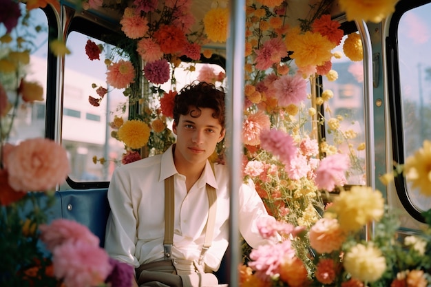 Retrato de primavera de um homem com flores em flor