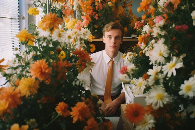 Retrato de primavera de um homem com flores em flor