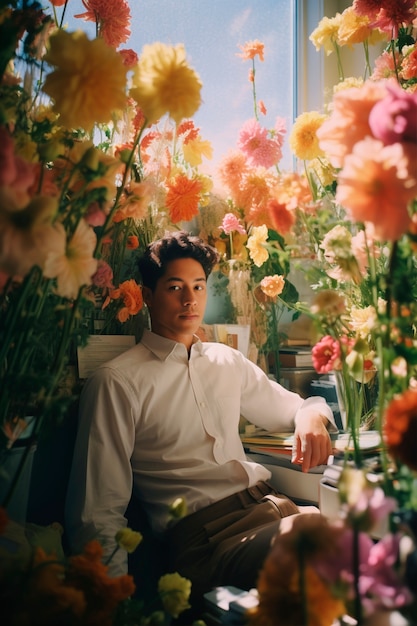 Foto grátis retrato de primavera de um homem com flores em flor