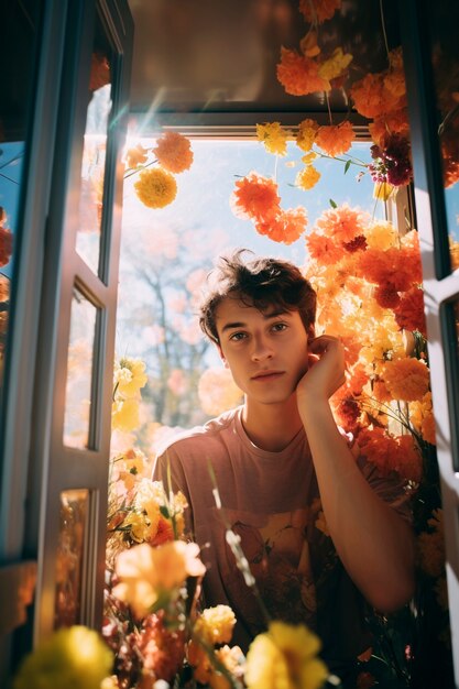 Retrato de primavera de um homem com flores em flor