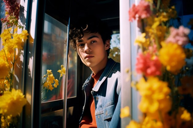 Retrato de primavera de um homem com flores em flor