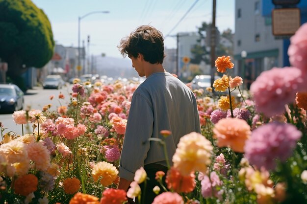 Retrato de primavera de um homem com flores em flor