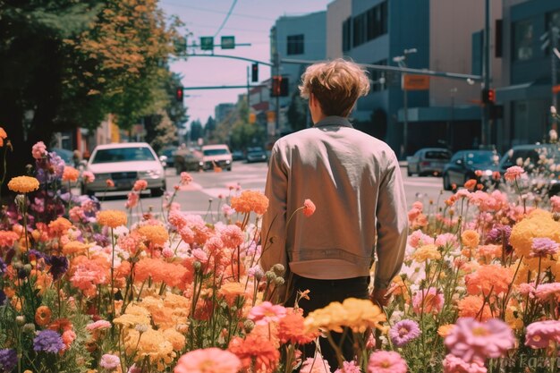 Retrato de primavera de um homem com flores em flor
