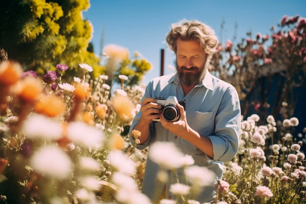 Retrato de primavera de um homem com flores em flor