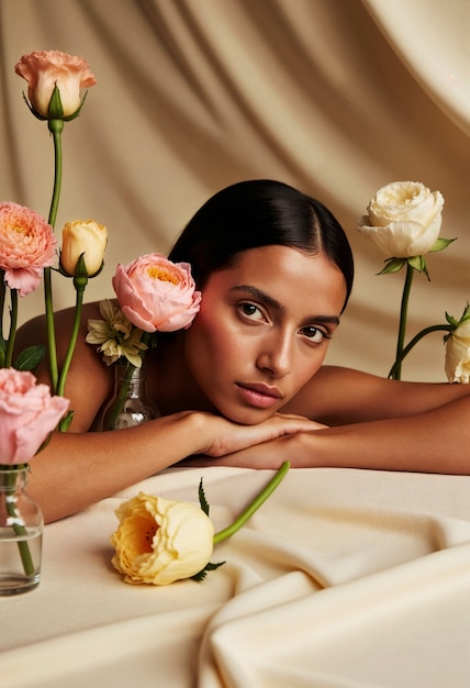 Retrato de primavera em flor de uma bela mulher