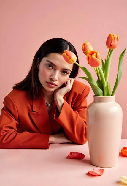 Retrato de primavera em flor de uma bela mulher