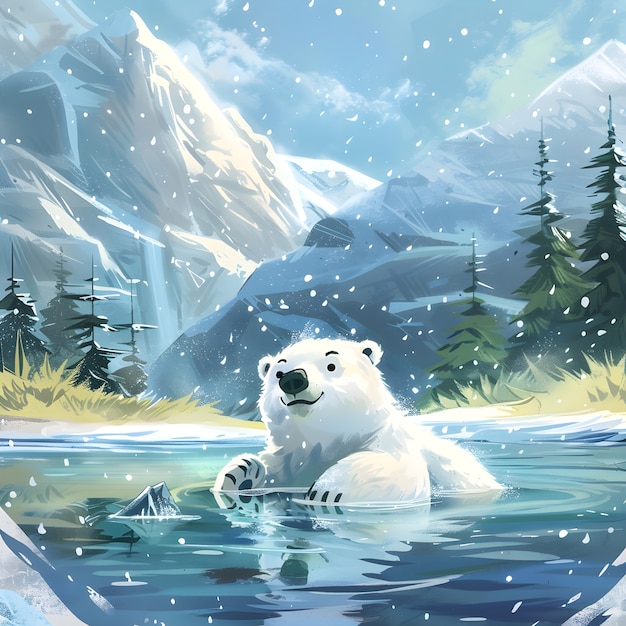 Retrato de um adorável urso polar branco com neve