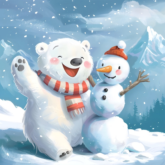 Retrato de um adorável urso polar branco com neve