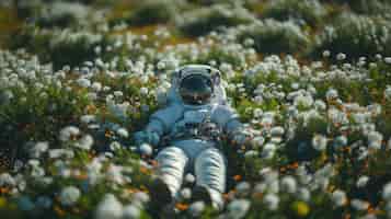Foto grátis retrato de um astronauta em fato espacial com flores