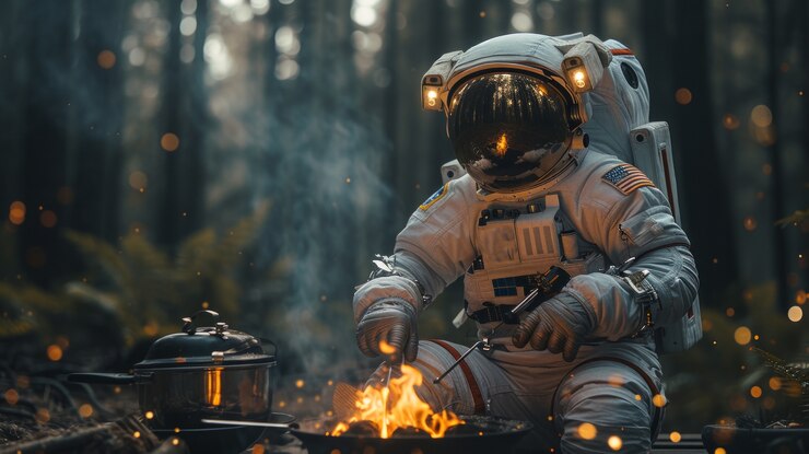 Foto grátis retrato de um astronauta em fato espacial fazendo atividade humana regular