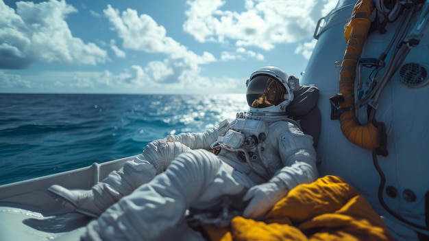 Foto grátis retrato de um astronauta em fato espacial fazendo atividade humana regular