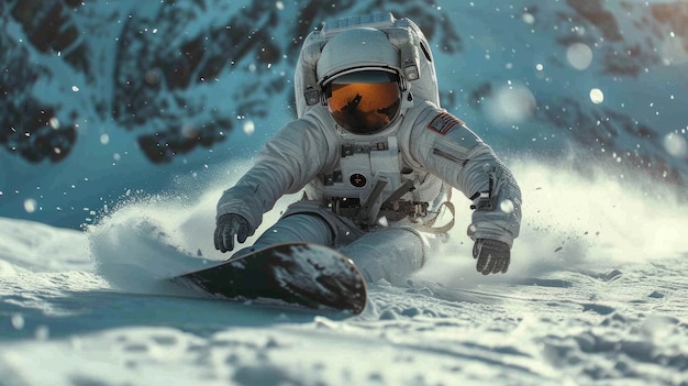 Retrato de um astronauta em fato espacial fazendo snowboard