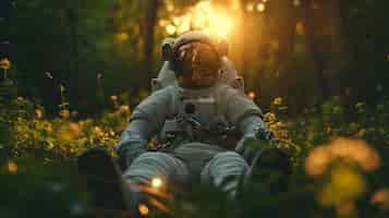 Foto grátis retrato de um astronauta em fato espacial fazendo uma atividade comum ao ar livre