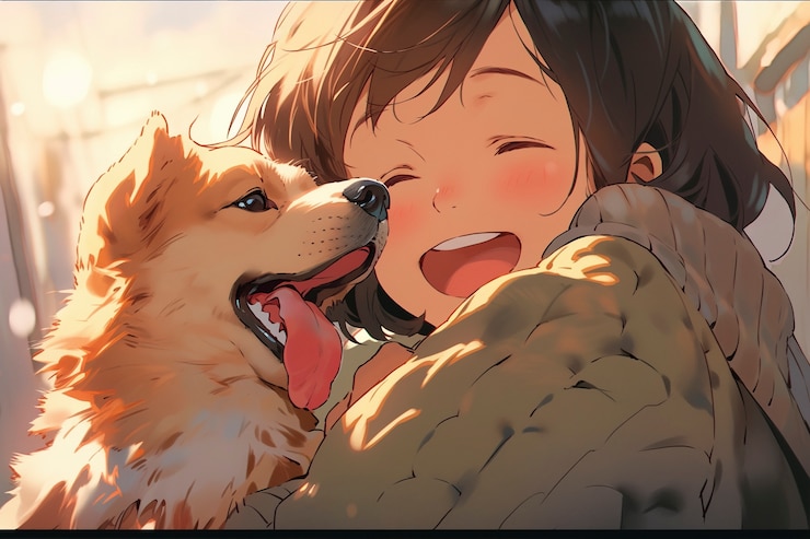 Foto grátis retrato de um cão bonito em estilo anime com o dono