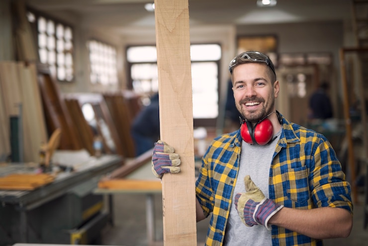 Foto grátis retrato de um carpinteiro sorridente bonito com material de madeira na oficina segurando o polegar para cima