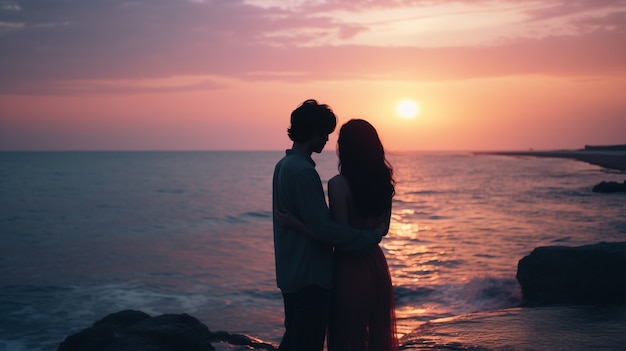 Foto grátis retrato de um casal afetuoso na praia ao pôr do sol