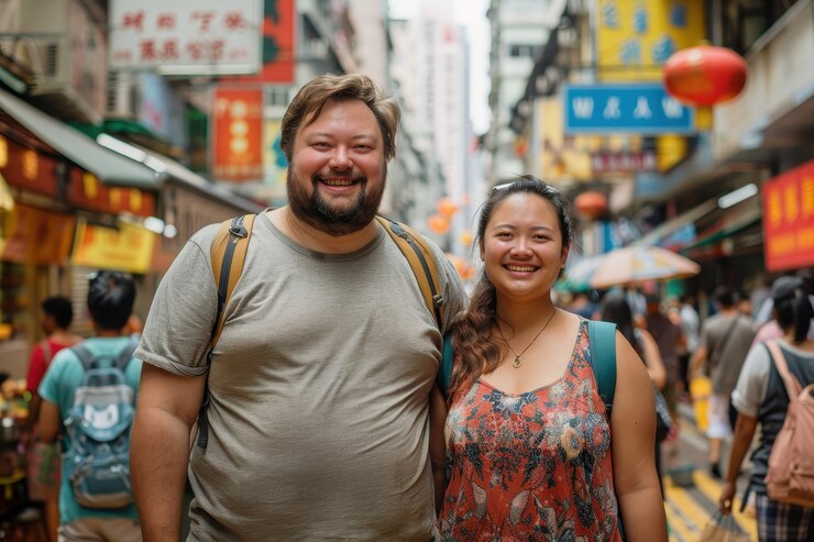 Foto grátis retrato de um casal com excesso de peso viajando pelo mundo juntos
