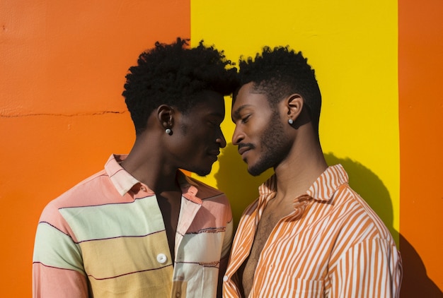 Retrato de um casal gay apaixonado mostrando afeto