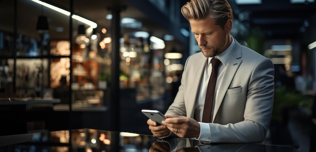 Retrato de um empresário de terno lendo mensagens ao telefone em um café noturno, gerou ia