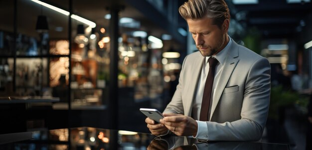 Retrato de um empresário de terno lendo mensagens ao telefone em um café noturno, gerou IA