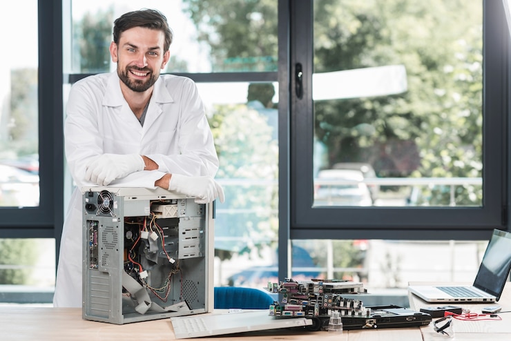 Foto grátis retrato, de, um, feliz, macho, técnico, com, quebrada, computador