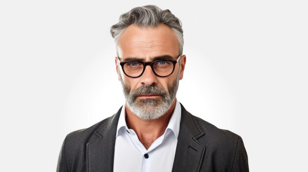Retrato de um homem adulto de óculos e barba em um fundo branco neutro, gerado por IA