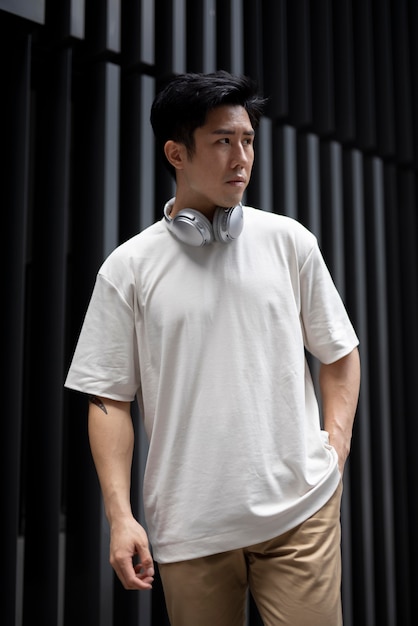 Retrato de um homem asiático bonito posando ao ar livre na cidade com fones de ouvido