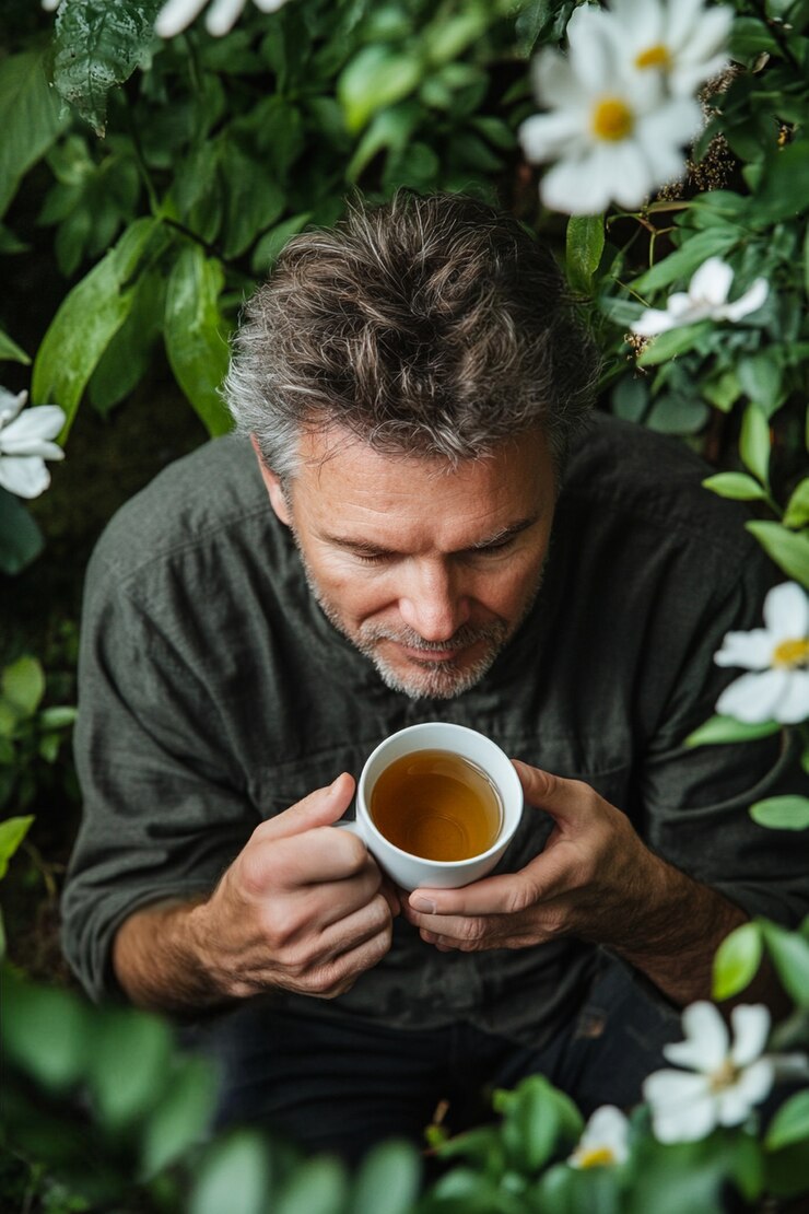 Foto grátis retrato de um homem bebendo chá