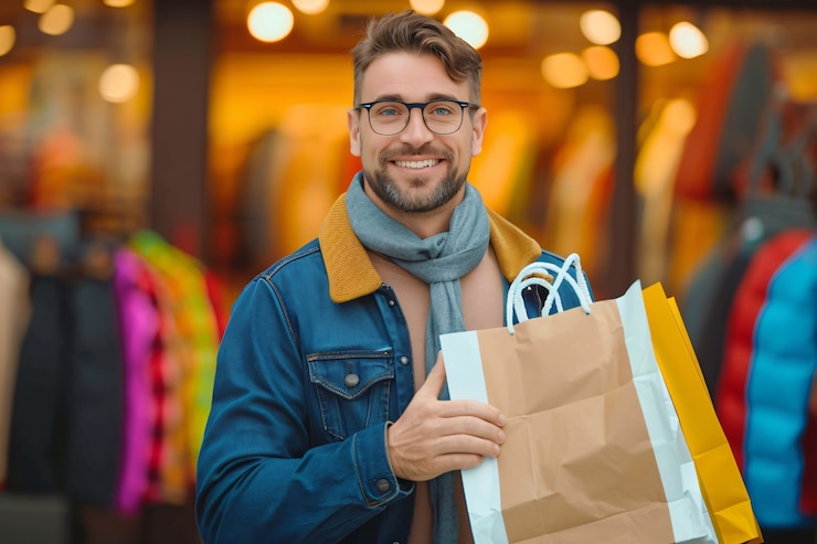 Foto grátis retrato de um homem fazendo compras e comprando bens de consumo