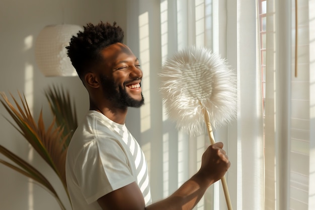 Retrato de um homem fazendo tarefas domésticas e participando da limpeza da casa