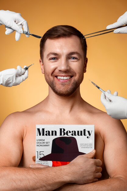 Retrato de um homem recebendo aprimoramentos e ajustes através da ajuda de procedimentos cosméticos.