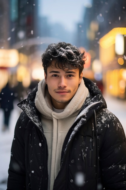 Retrato de um homem sorridente na neve