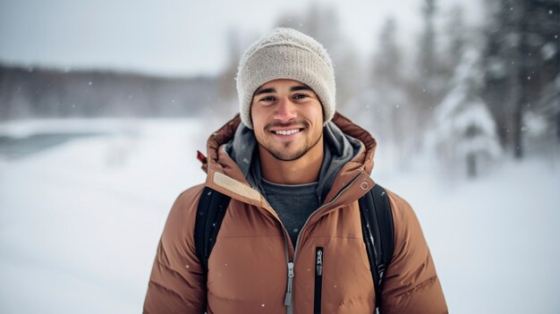 Retrato de um homem sorridente na neve