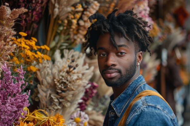 Retrato de um homem trabalhando em uma loja de flores secas